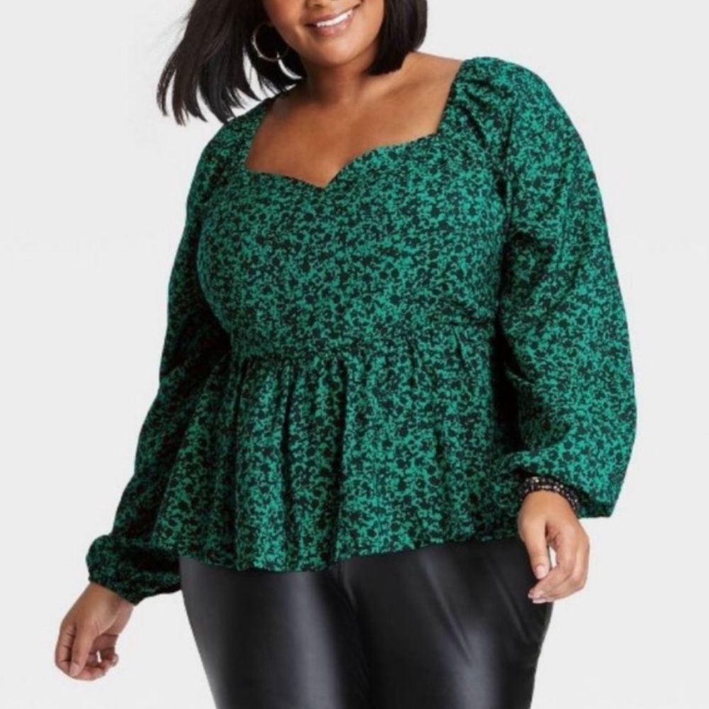 Ava & Viv Green Black Peplum Sweetheart Neckline Long Sleeve Blouse Top 2X NWOT